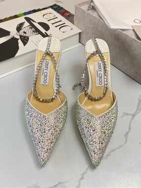 Jimmy Choo Crystal-Embellished Pointed Slingback Mules — Iridescent